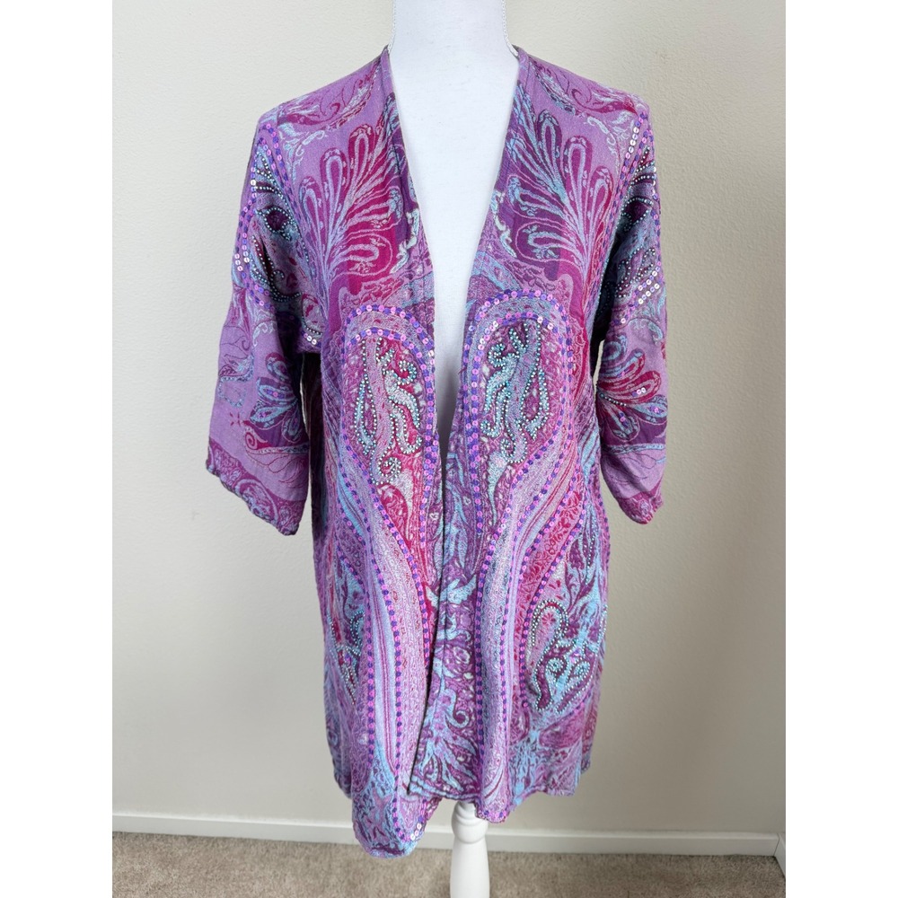 Soft Surroundings Women Cotton Kimono Purple Paisley Sequin Embroidered S/M Boho